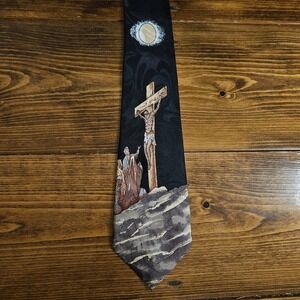 Vintage Religious Necktie Jesus on the Cross Crucifix Scene – 56" Length‎
